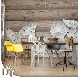   Fotótapéta - Vintage stílusú 3D faragott fehér virágok fa deszka textúra
