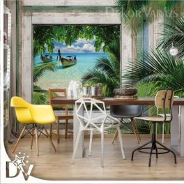   Fotótapéta - Fa deszka ablak trópusi tengerparti kilátás