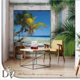   Fotótapéta - Fa deszka ablak trópusi tengerparti kilátás