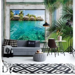   Fotótapéta - Fa deszka ablak trópusi kilátás a lagúnára