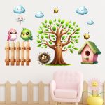 falmatrica gyerekszobába fa kismadár madárház matrica
