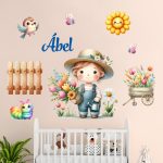 falmatrica gyerekszobába kerti virágokkal kismadárral dekoráció