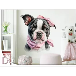 falmatrica kiskutya boston terrier kölyök rózsaszín masnival gyerekszobába