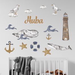 falmatrica óceán bálna watercolor saját névvel  dekoráció