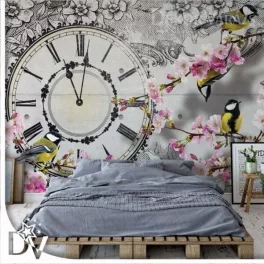   Fotótapéta - Madarak és óra cseresznyevirágokkal vintage style