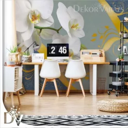   Fotótapéta - Orchideákkal és hullámok kék és arany Virágos design