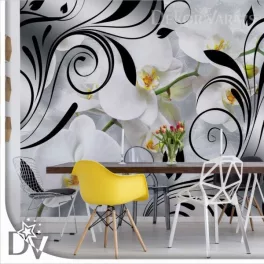   Fotótapéta - Orchideákkal és hullámok ezüst és fekete -Virágos design