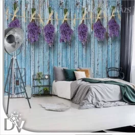   Fotótapéta - Levendula bokrok kék festett  fa deszka falon vintage Stílus