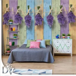   Fotótapéta - Levendula bokrok festett  fa deszka falon vintage Stílus