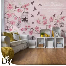   Fotótapéta - Cseresznyevirág madarakkal vintage stílus Pink