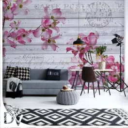   Fotótapéta - Pink virágok fa deszka textúra vintage jelenet vidéki stílus